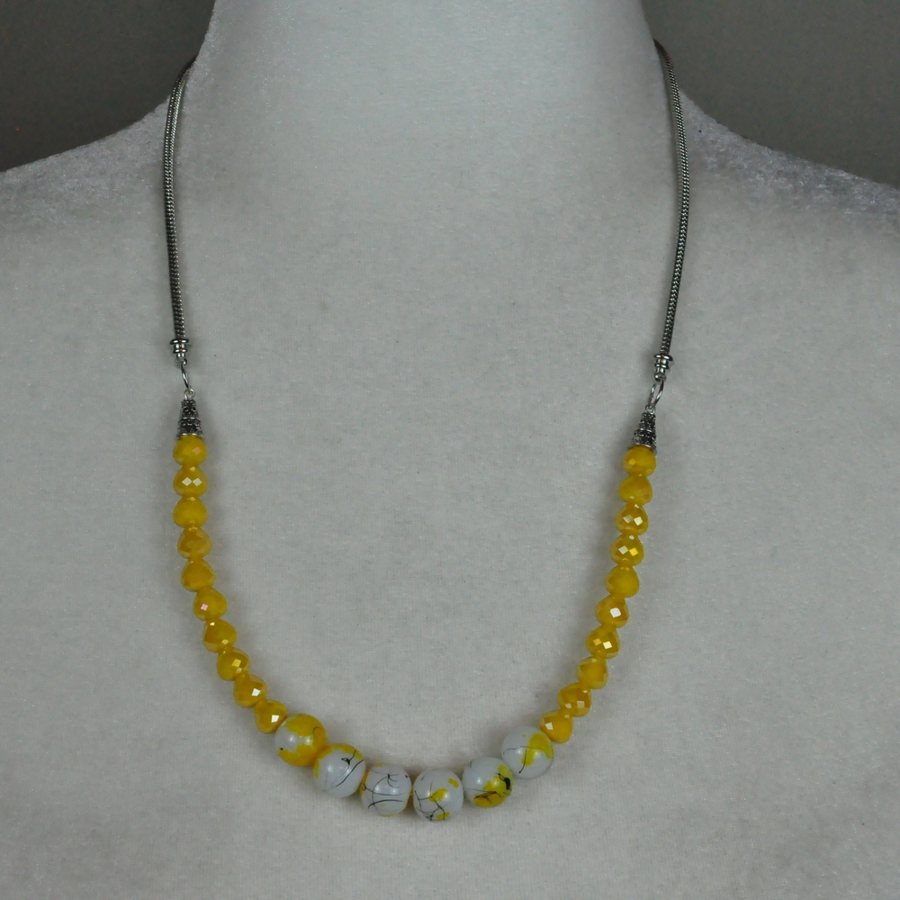 Vibrant Yellow and White Beaded Necklace with Metallic Accents